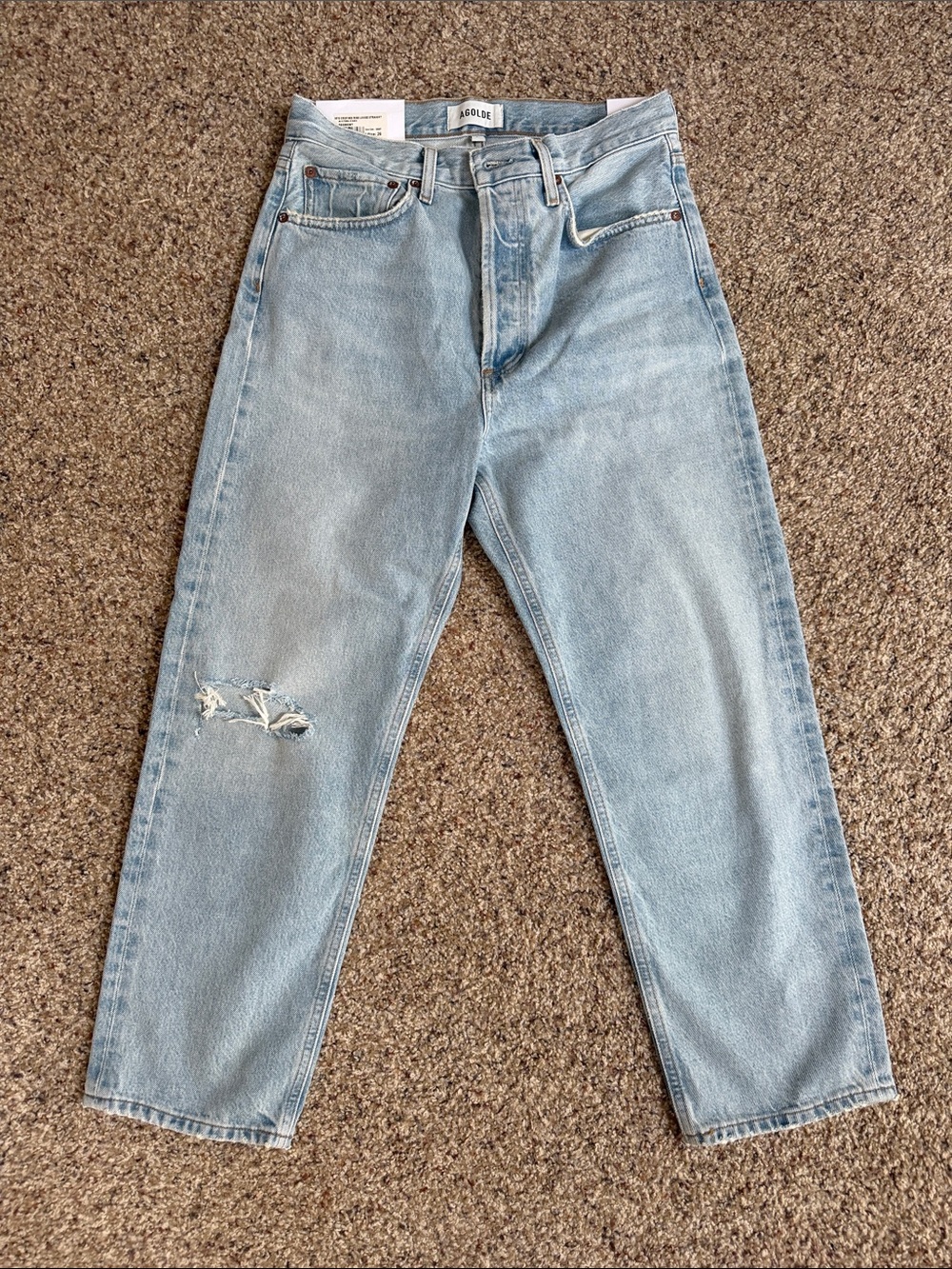 Agolde Light Blue Relaxed Straight Jeans with Knee Distress